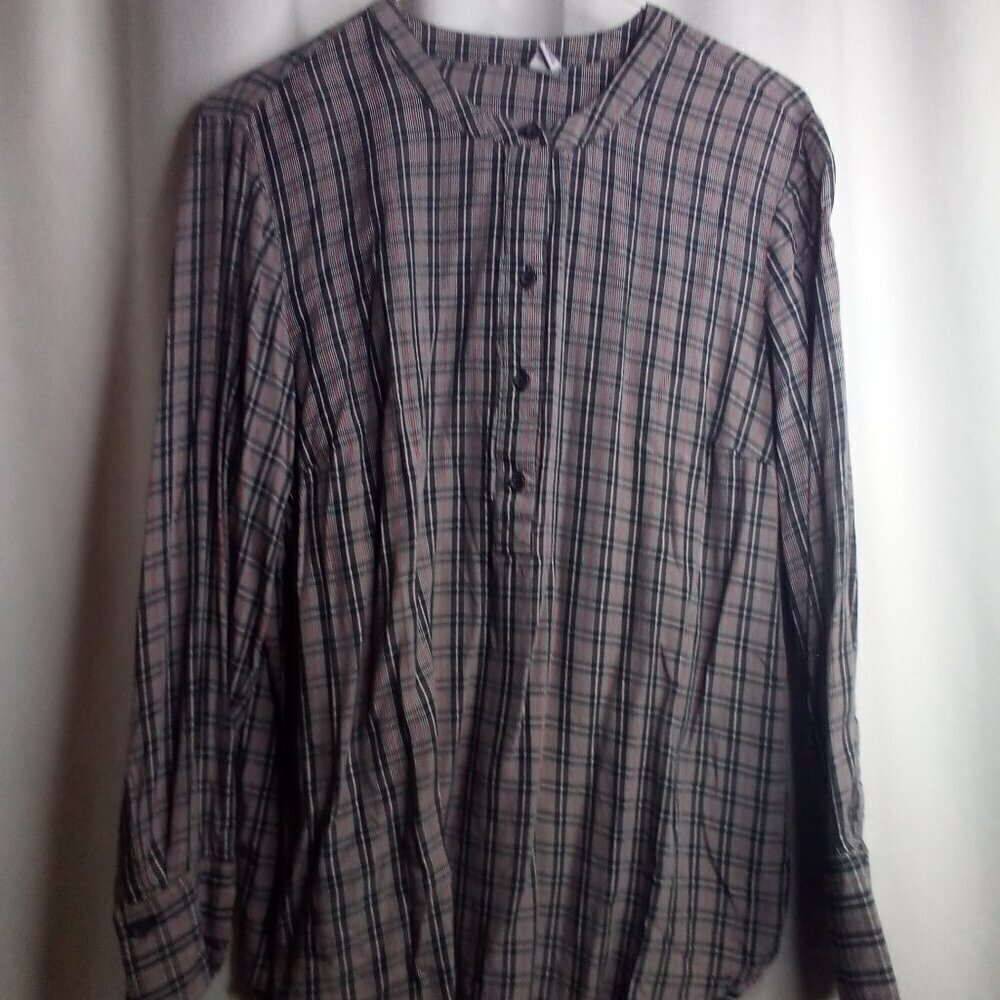Old Navy Blouse L Women Long Sleeve Plaid Gray Pink